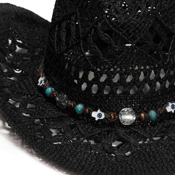 Faux Raffia Cowboy Hat Wide Brim Sun Protection Beach Vacation Accessory